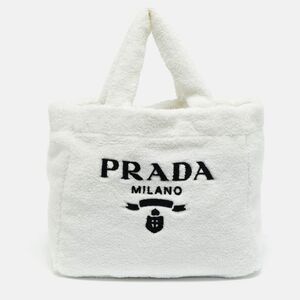Prada White/black Terry Cloth Logo Tote